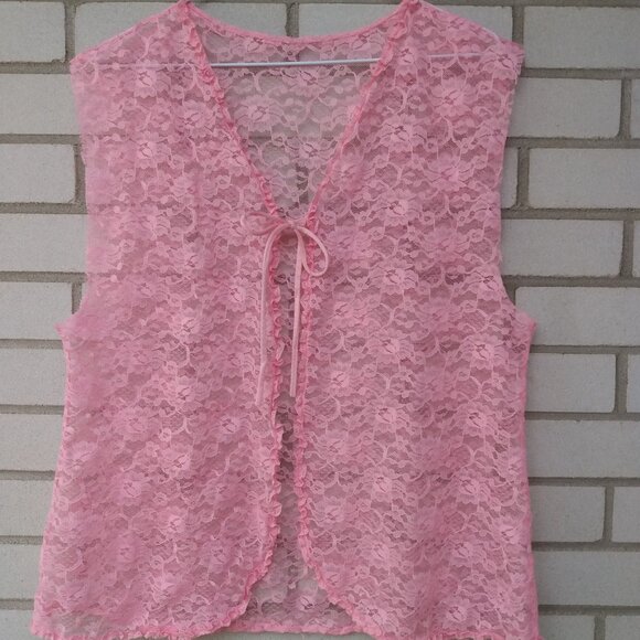 Vintage Pink Lace Vest 39" Bust Bed Jacket Lingerie Retro Feminine - Picture 3 of 12